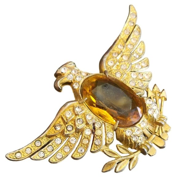 Vintage Early Glass & Rhinestone Eagle Brooch (A2711) - Picture 2 of 6
